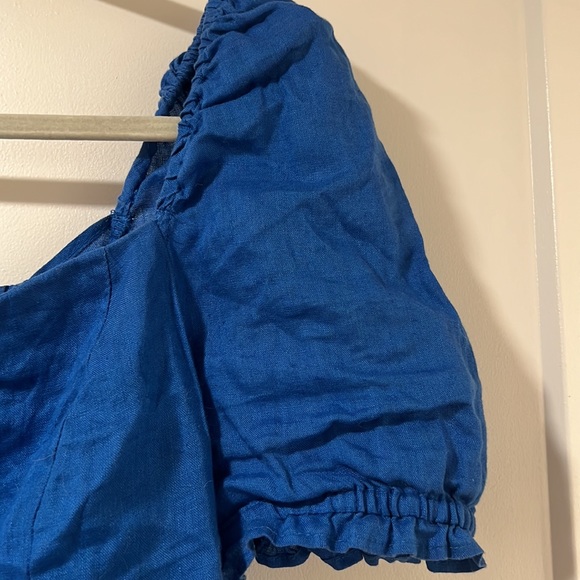 H&M Blue Linen Smocked Puff Sleeve Top- 100% Linen - Picture 5 of 5